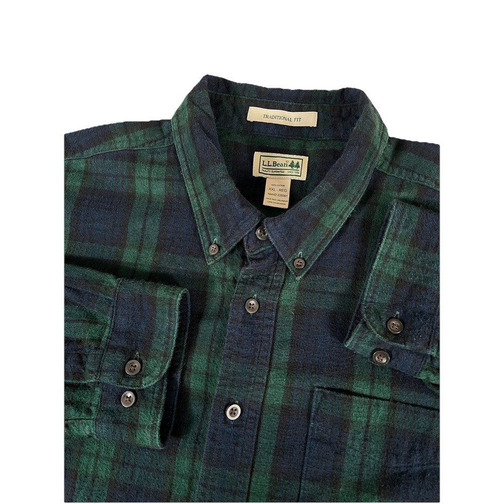 LL Bean 228061 Traditional Fit Green Blue Scotch Plaid Flannel Shirt Mens Sz XXL